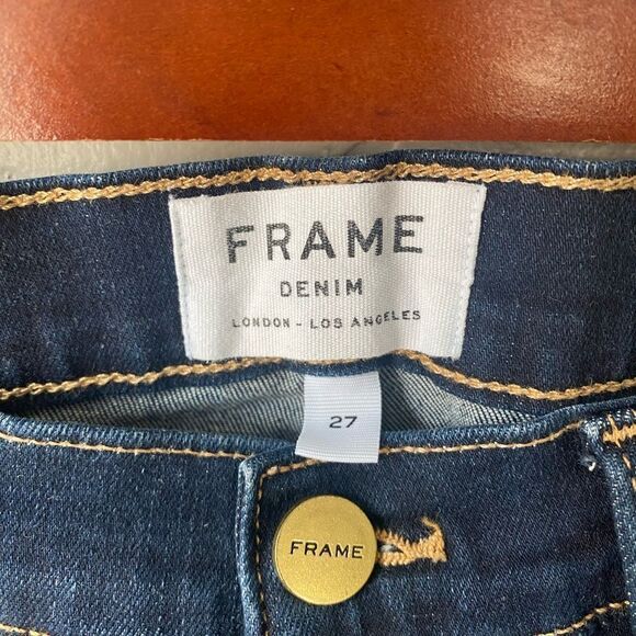 Frame Denim Le High Straight Fringe Hem Jeans in Pine Knoll Dark Wash - Picture 8 of 14